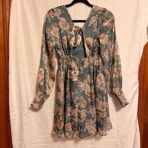 Altar'd State Floral Long Sleeve Dress in Teal and Cream